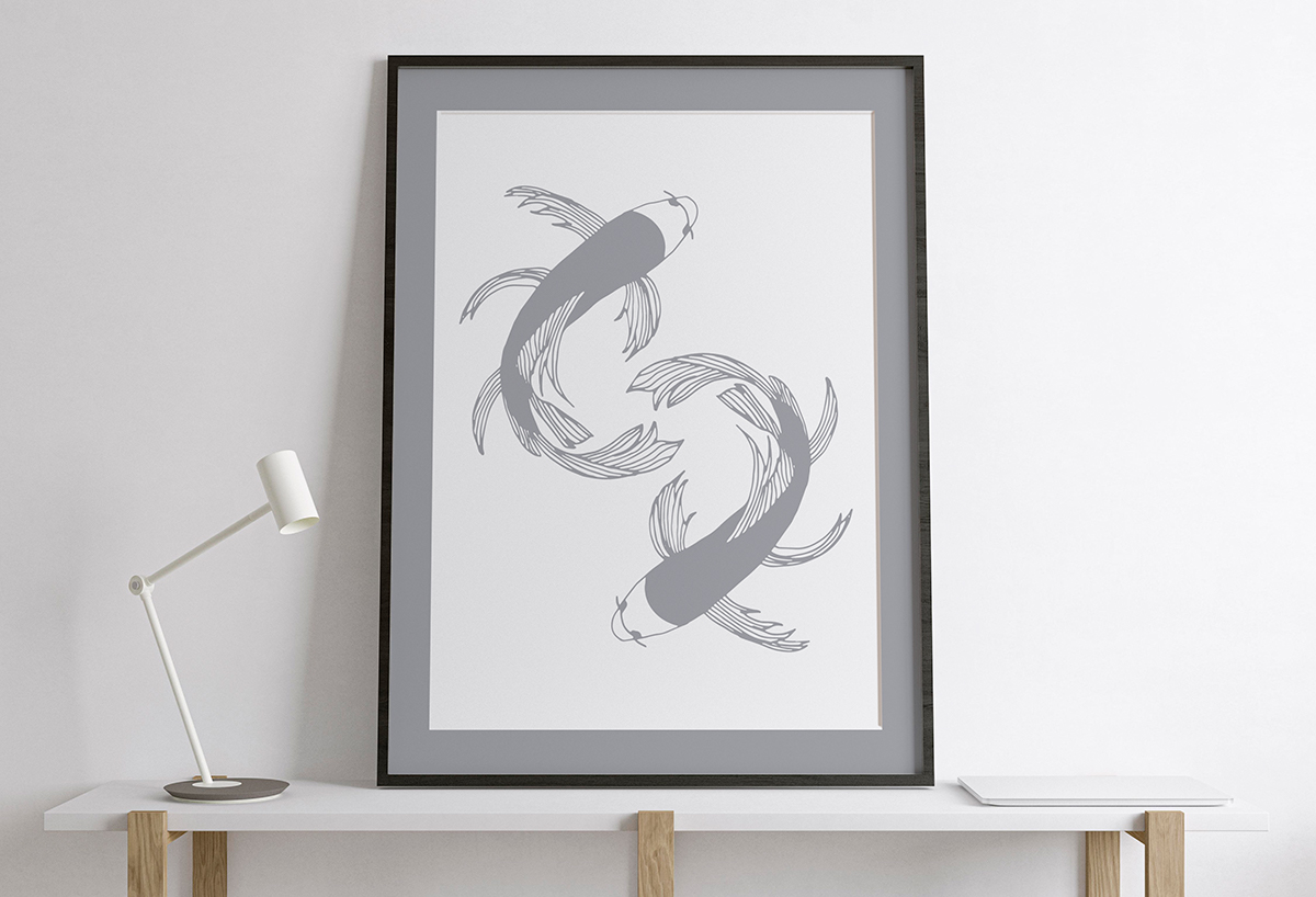Plakat - Japońskie szare ryby na białym tle - fototapeta.shop