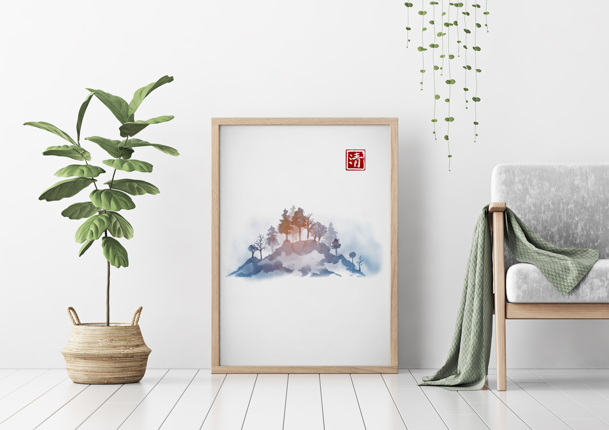 Plakat - Japońskie ryciny - zalesiony szczyt w kolorze - fototapeta.shop