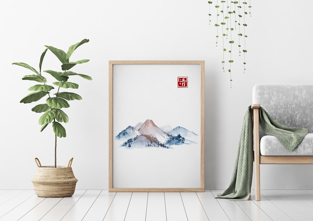 Plakat - Japońska rycina - góry w niebiesko-różowym odcieniu - fototapeta.shop