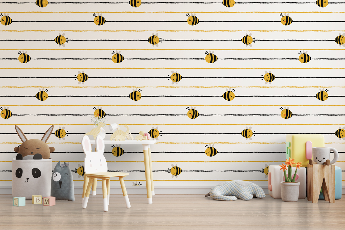 Tapeta - Pszczoły na żółtych i czarnych liniach - fototapeta.shop