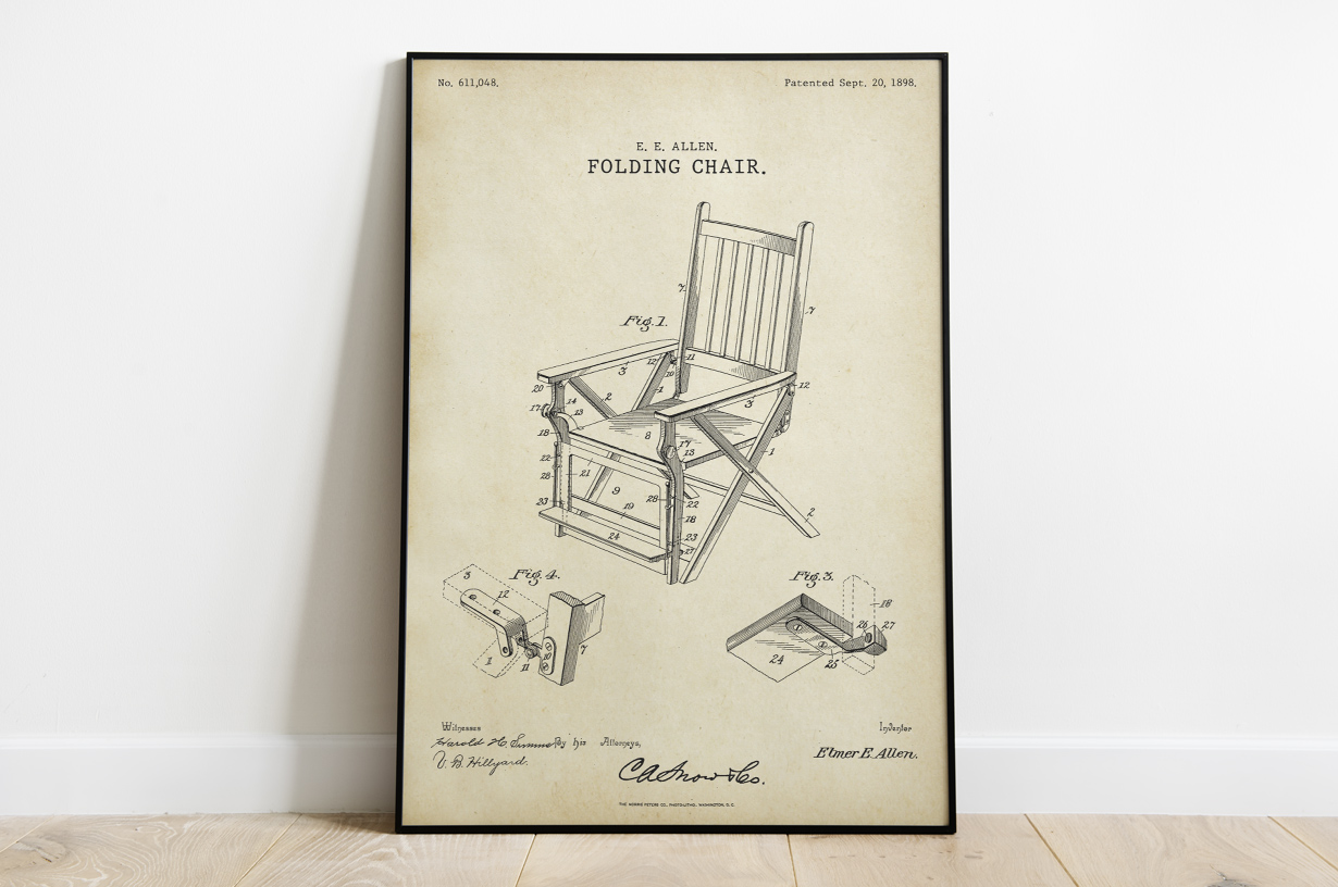 Plakat - Składane krzesło retro patent Elmera Allena - fototapeta.shop